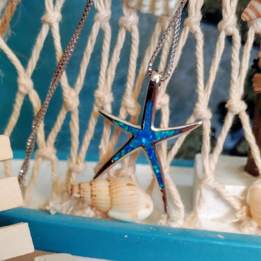 Starfish Blue Fire Opal Pendant Necklace